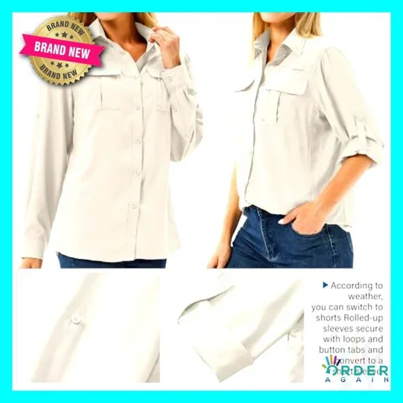 Long Sleeve Button Down UPF 50 Sun Protection Shirt Safari Hiking Fishing